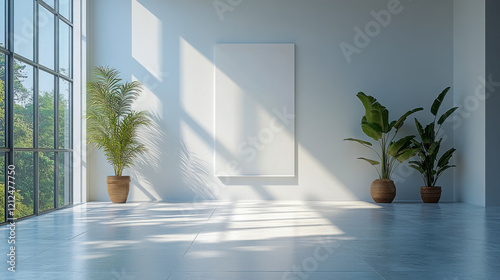 clean blank vertical roll up banner mockup  minimalistic 3d interior showroom