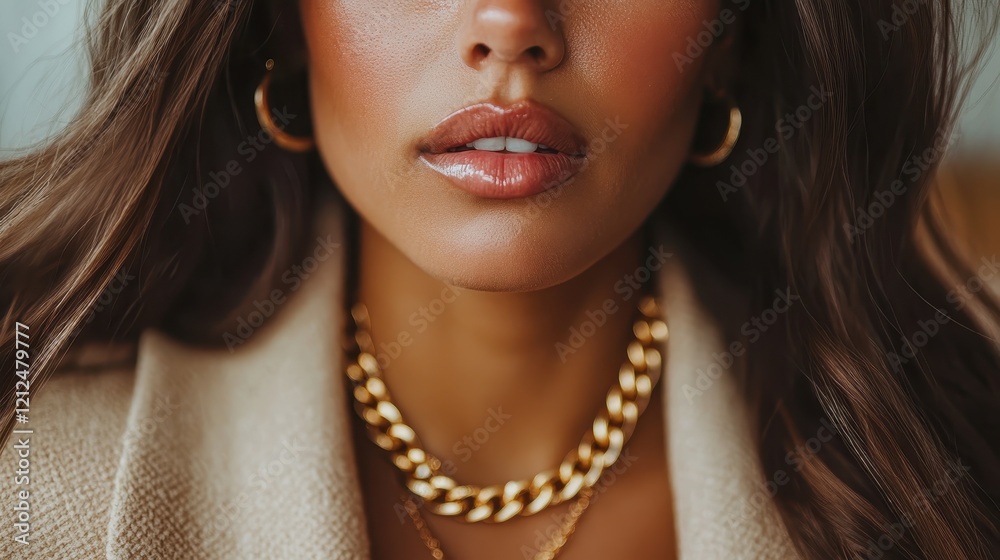 This captivating close-up image showcases a woman adorned with beautiful gold jewelry, highlighting her natural beauty and stylish appearance against a soft background. This captivating close-up image showcases a woman adorned with beautiful gold jewelry, highlighting her natural beauty and stylish appearance against a soft background.