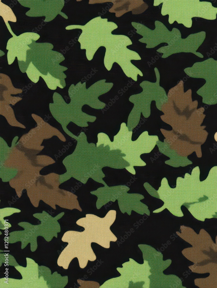 A colorful camouflage pattern featuring various shades of green and brown leaves on a dark background. A colorful camouflage pattern featuring various shades of green and brown leaves on a dark background.