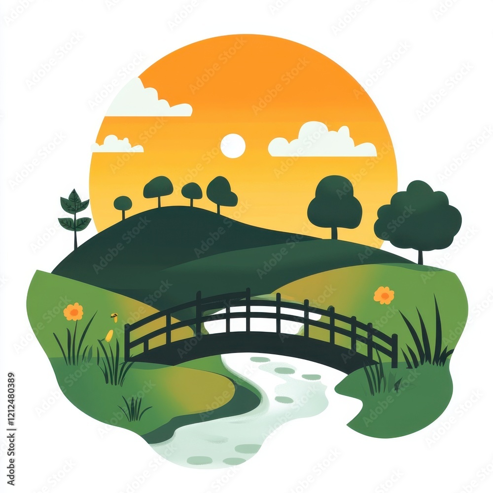Obraz premium Sunrise over hills and stream green meadow flat design illustration tranquil environment nature concept