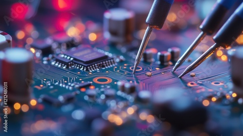 Close-up of electronic circuit board with probes, showing micro-level circuits, metallic traces, and precise components.