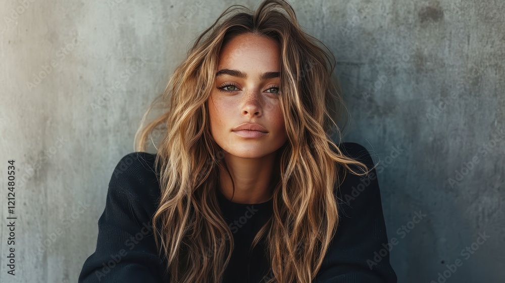 Fototapeta premium This portrait showcases a woman with striking features, natural waves in her hair, and a soft expression, emphasizing the beauty of simplicity and authenticity in portraiture.