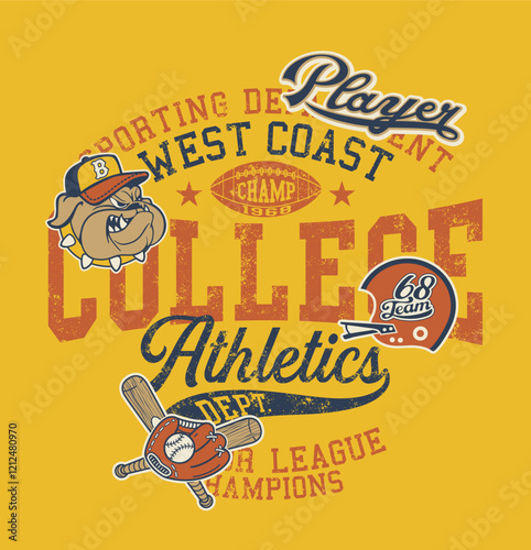 Cartoon college athletic department junior league cute vector print for children boy sport wear for shirt sweatshirt grunge effect in separate layer