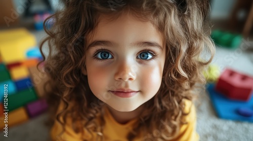 An adorable girl with curly hair gazes sincerely into the camera, her bright blue eyes radiating joy and wonder, capturing the essence of childhood curiosity.