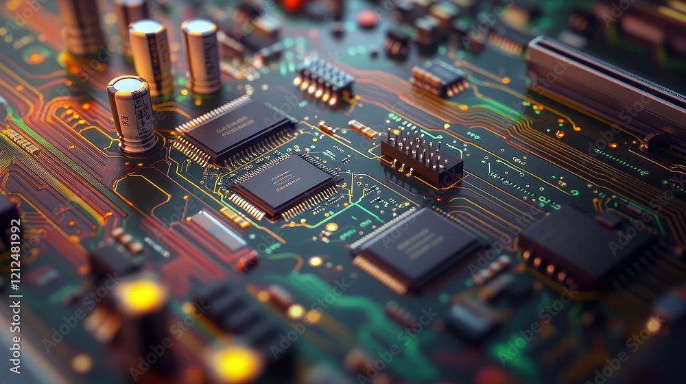 Macro close-up of testing probes on electronic circuit board, with vivid colors, complex circuits, and fine microchip details. Macro close-up of testing probes on electronic circuit board, with vivid colors, complex circuits, and fine microchip details.