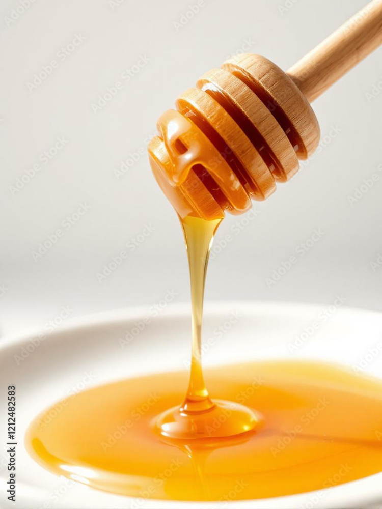 A spoonful of honey is dripping from a wooden spoon A spoonful of honey is dripping from a wooden spoon