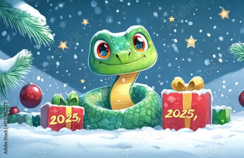 Cute cartoon snake with gifts and 2025 in festive snow scene