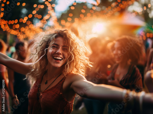 Young blonde woman with curly hair dancing happily at music festival