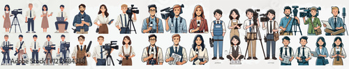 vector set of journalist characters with work equipment