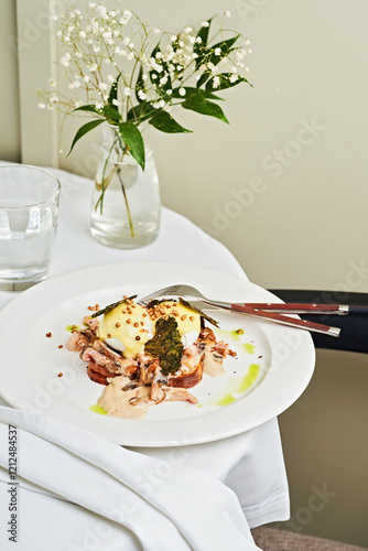 A beautifully arranged plate featuring seafood and poached eggs, garnished with fresh herbs and sauce photo