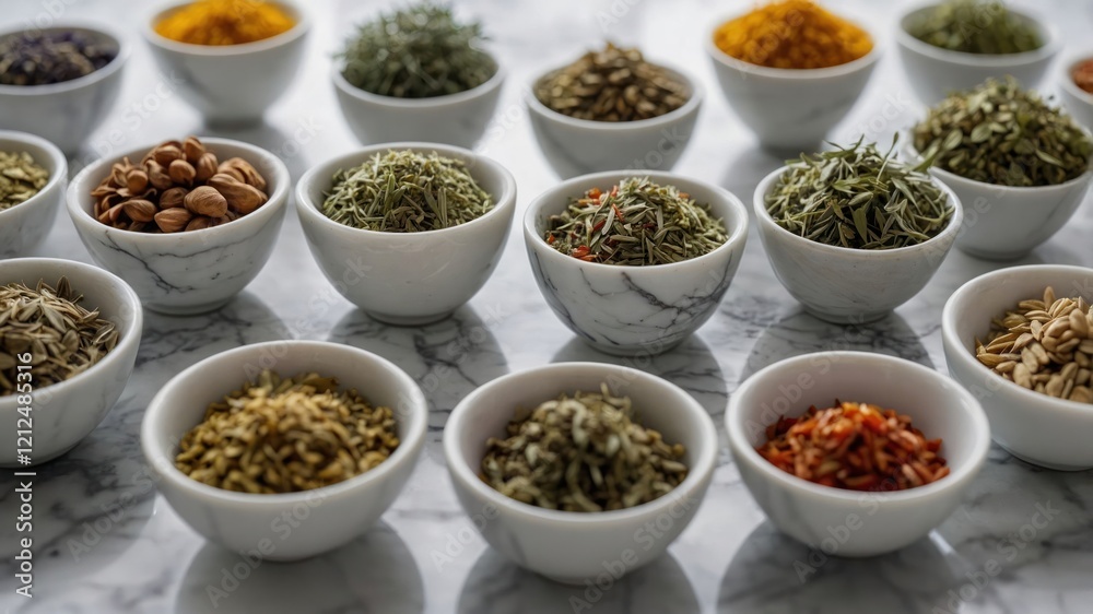 A collection of various spices and herbs in small bowls on a marble surface. A collection of various spices and herbs in small bowls on a marble surface.