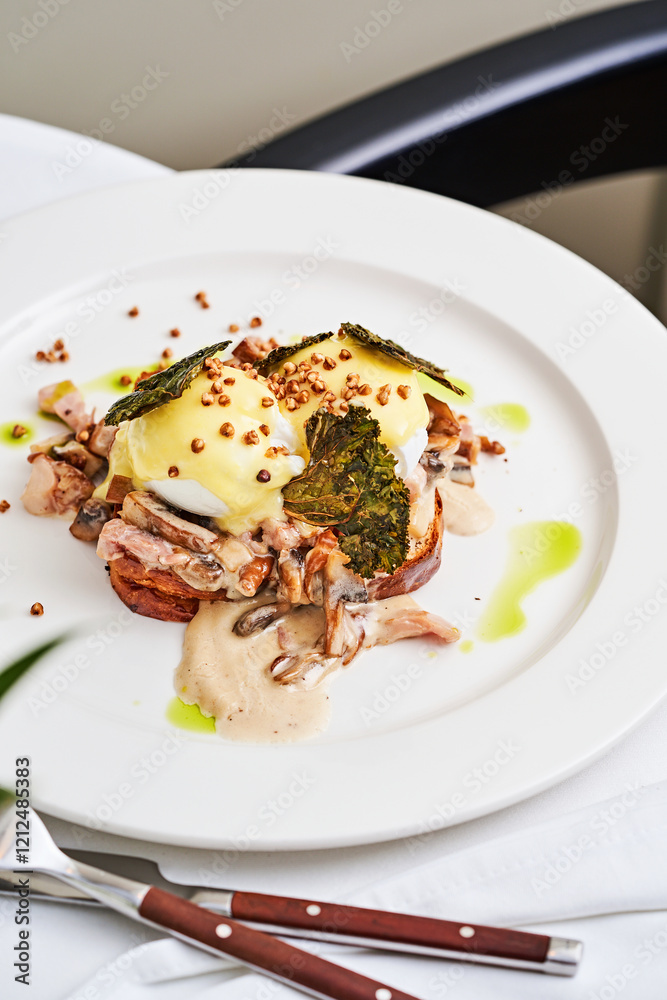 A delicious brunch dish features poached eggs atop toasted bread, accompanied by savory mushrooms, crispy toppings, and a drizzle of green oil, served in a modern dining setting A delicious brunch dish features poached eggs atop toasted bread, accompanied by savory mushrooms, crispy toppings, and a drizzle of green oil, served in a modern dining setting