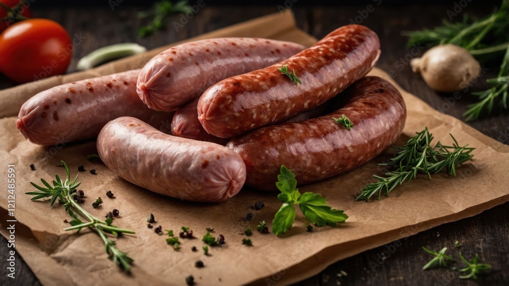 A selection of fresh sausages arranged on parchment with herbs and spices. A selection of fresh sausages arranged on parchment with herbs and spices.