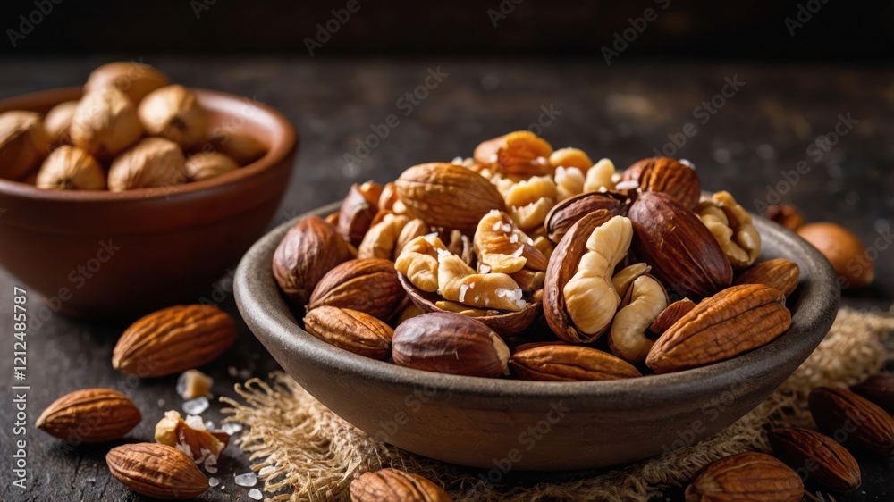 A bowl of mixed nuts, including almonds and walnuts, displayed on a rustic surface. A bowl of mixed nuts, including almonds and walnuts, displayed on a rustic surface.