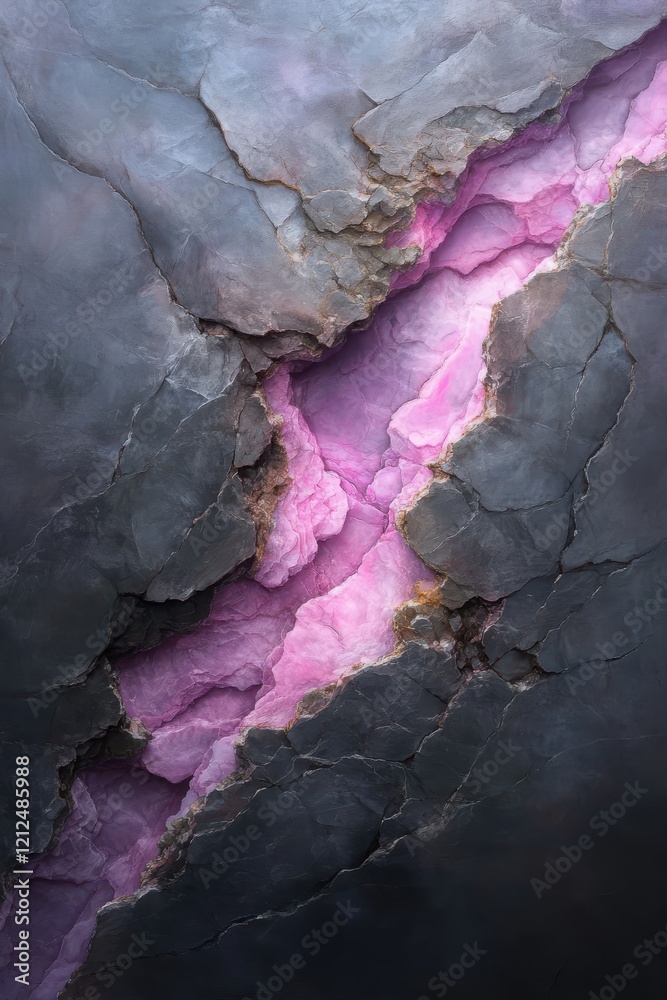 Fototapeta premium A striking image of a cracked surface displaying vibrant pink hues against a dark, textured background, showcasing natural geological formations.