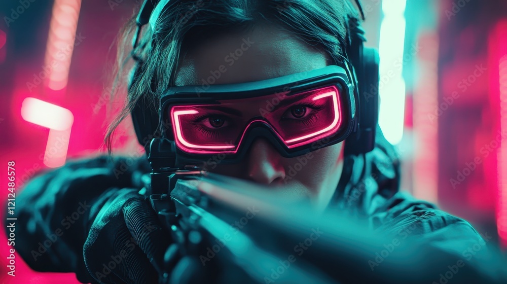 A determined woman, showcasing focus and intensity while aiming through futuristic glasses amidst vibrant neon lights, emphasizes strength and modernity in a dynamic shot. A determined woman, showcasing focus and intensity while aiming through futuristic glasses amidst vibrant neon lights, emphasizes strength and modernity in a dynamic shot.