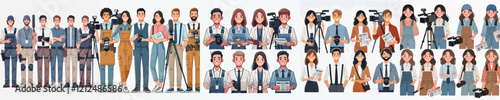 vector set of journalist characters with work equipment