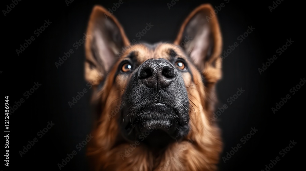 Obraz premium A striking, close-up portrait of a German Shepherd, showcasing its intense gaze and noble features against a dark backdrop, embodying grace and strength of this breed.