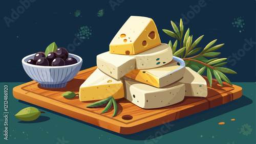 Feta cheese wedges stacked on a rustic wooden board next to a sprig of fresh thyme and a bowl of briny black olives, picnic, thyme