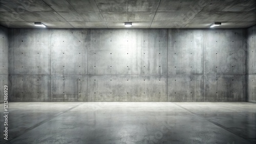 Cold grey concrete wall with a wide empty floor spanning across the frame of an old room  creating a sense of vastness and emptiness  dim lighting  architectural details