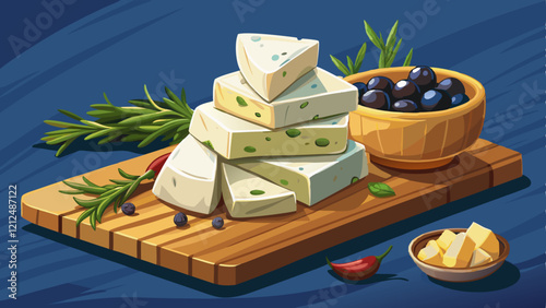 Feta cheese wedges stacked on a rustic wooden board next to a sprig of fresh thyme and a bowl of briny black olives, picnic, thyme