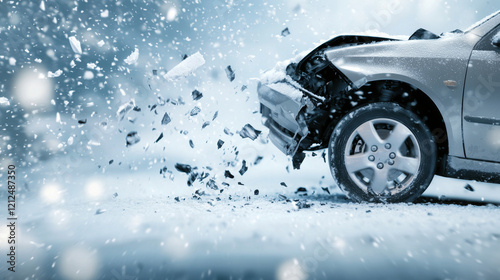 Snowstorm accident concept. winter landscape shows car crash with debris flying in snow photo