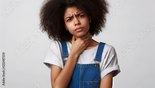 An Afro-American woman touches her neck, indicating discomfort or pain in the throat area. photo