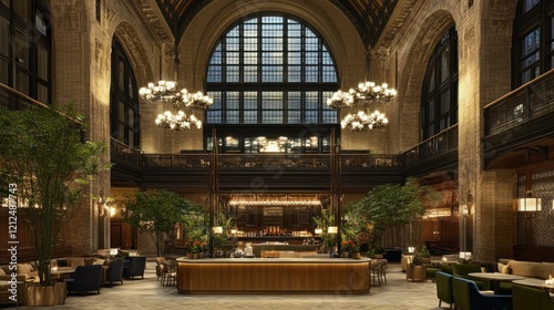 Luxurious hotel lobby interior at night  featuring a grand arched window  ornate chandeliers  comfortable seating  and lush greenery.