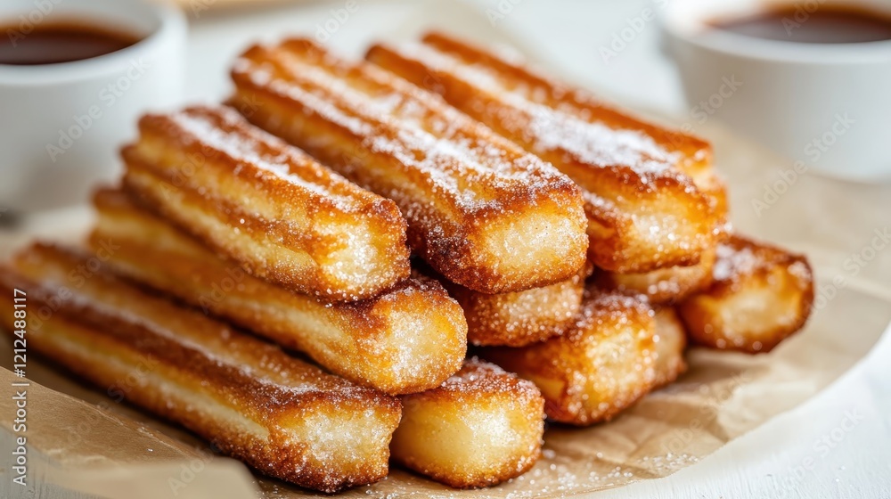 A tempting stack of delicious churros, perfectly fried and coated in sugar, ideal for dessert lovers and food enthusiasts seeking sweet treats. A tempting stack of delicious churros, perfectly fried and coated in sugar, ideal for dessert lovers and food enthusiasts seeking sweet treats.