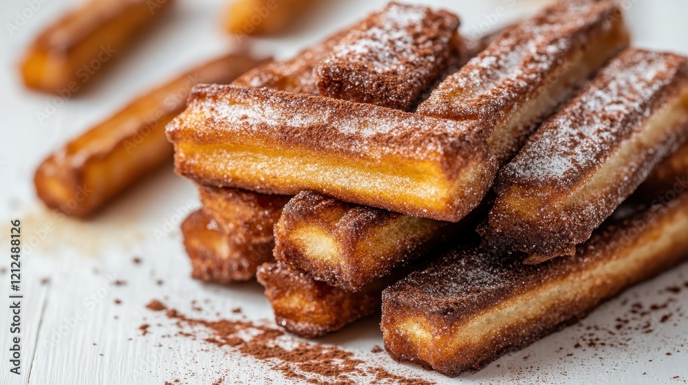 A tempting pile of golden brown churros coated in sweet sugar, offering a delightful crunch and sweetness, perfect for any festive occasion or dessert table. A tempting pile of golden brown churros coated in sweet sugar, offering a delightful crunch and sweetness, perfect for any festive occasion or dessert table.
