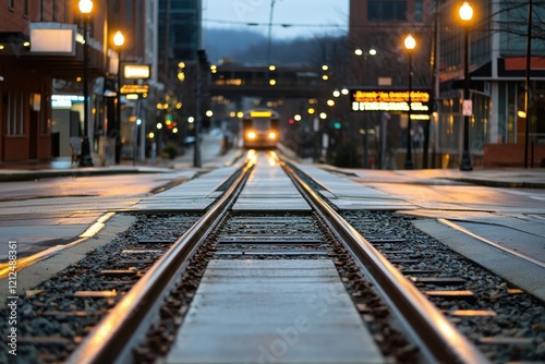 A vibrant rainy cityscape featuring wet railway tracks, as a train approaches, captures the essence of urban transportation and the beauty of rain-soaked streets. photo