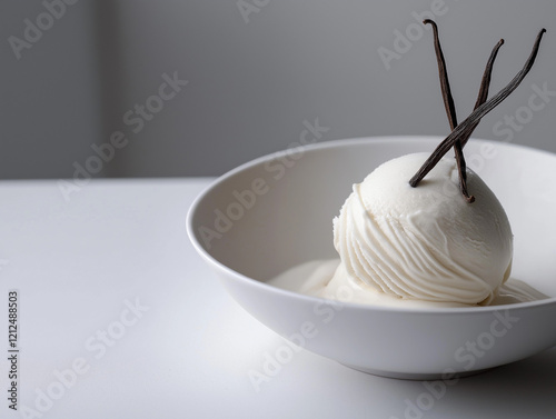 Elegantes Dessert auf weißem Teller: Vanille-Eiskugeln mit Vanilleschoten garniert. Minimalistisches Food-Styling in Weiß und Braun. Hochwertige Food-Fotografie mit klarer Bildsprache photo