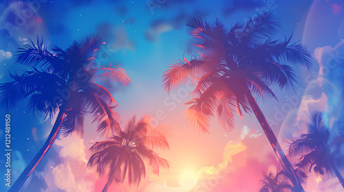 blue and orange sky with palm trees at sunset  in a cartoon style  vector art  wallpaper
