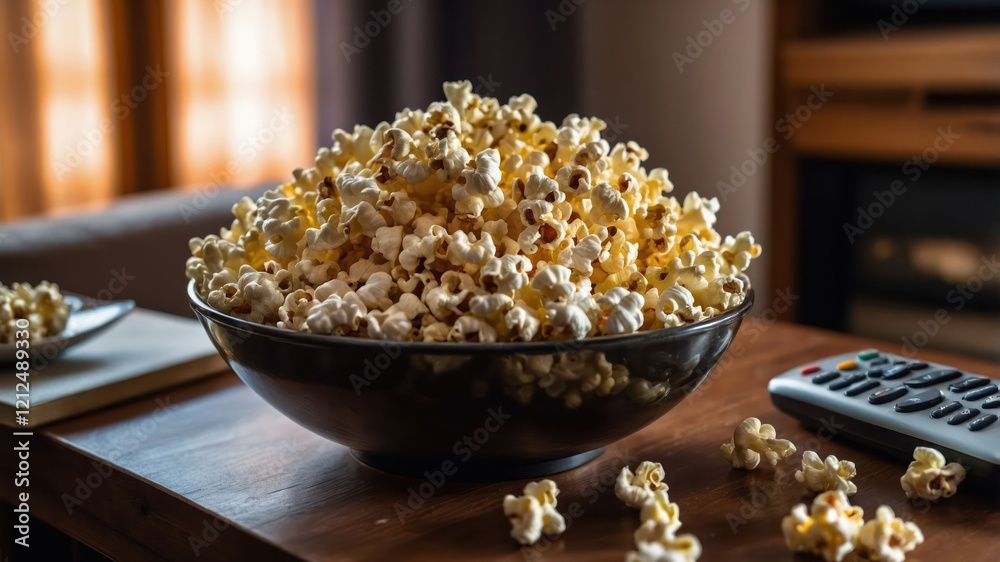 A large bowl of popcorn on a wooden table, perfect for movie watching. A large bowl of popcorn on a wooden table, perfect for movie watching.