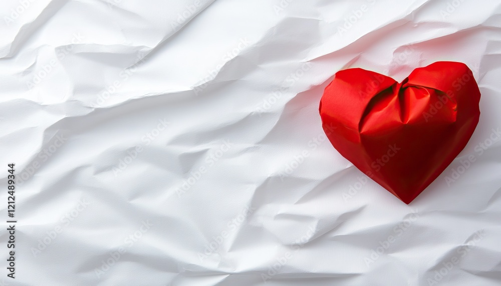 A vibrant red heart made of fabric rests on a crumpled white background, symbolizing love and affection. A vibrant red heart made of fabric rests on a crumpled white background, symbolizing love and affection.