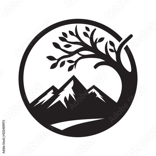 Mountain With Tree Branch Silhouette Vector Illustration