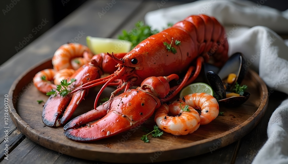 A wooden plate presents a delightful seafood spread featuring lobster, shrimp, mussels and lime A wooden plate presents a delightful seafood spread featuring lobster, shrimp, mussels and lime