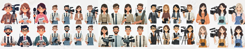 vector set of journalist characters with work equipment