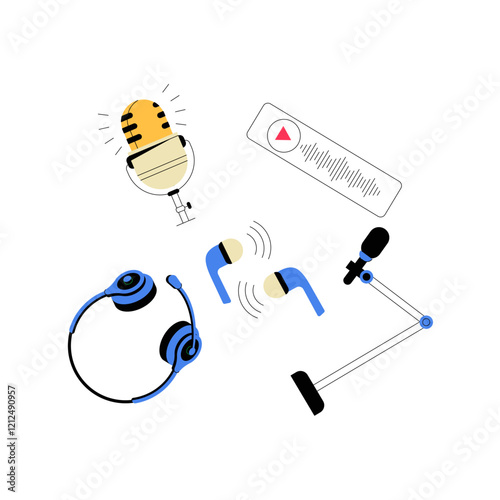 Podcasting Equipment In Flat Vector Illustration Symbolizing Audio Production, Broadcasting, And Media Creation, Isolated On White Background.