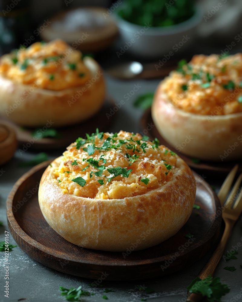 Delicious cheesy macaroni and cheese baked inside crusty bread bowls, garnished with fresh parsley. Perfect for a cozy autumn meal. Delicious cheesy macaroni and cheese baked inside crusty bread bowls, garnished with fresh parsley. Perfect for a cozy autumn meal.