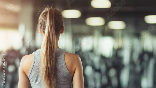 A woman with long hair stands in a gym, facing the workout area, radiating determination and focus. Free Download A woman with long hair stands in a gym, facing the workout area, radiating determination and focus. - GFXLoad