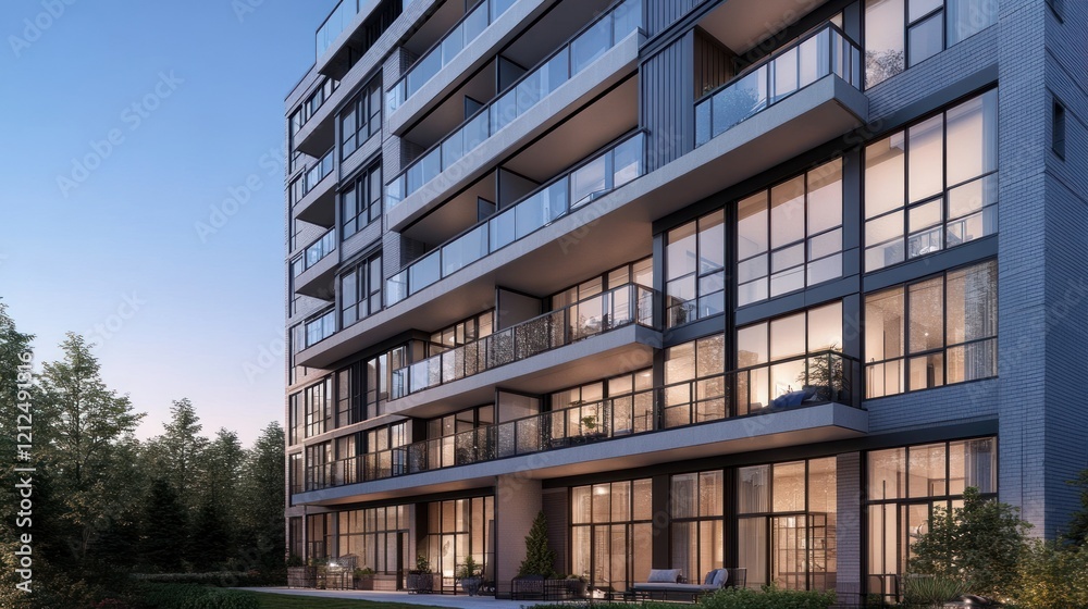 Obraz premium Modern apartment building at dusk, showcasing large windows, balconies, and outdoor space.