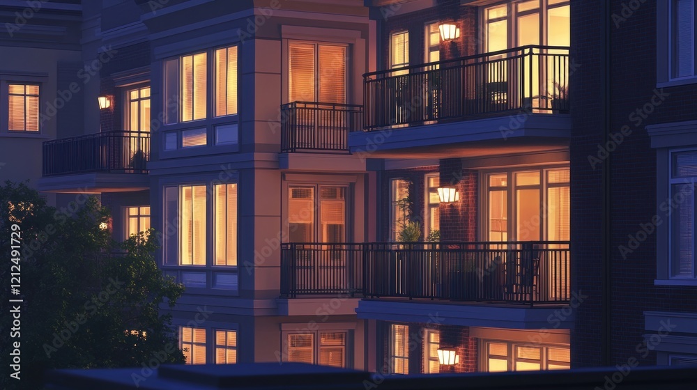 Night view of apartment building with illuminated windows and balconies. Night view of apartment building with illuminated windows and balconies.