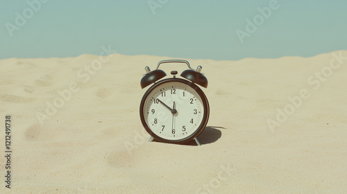 Time Waits in the Desert: A vintage alarm clock sits amidst the shifting sands of a desert landscape, its ticking a stark reminder of the passage of time in a seemingly endless expanse.  photo