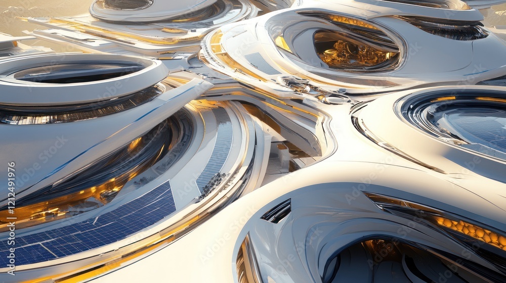 Futuristic white city architecture with curves, solar panels, and gold accents. Futuristic white city architecture with curves, solar panels, and gold accents.