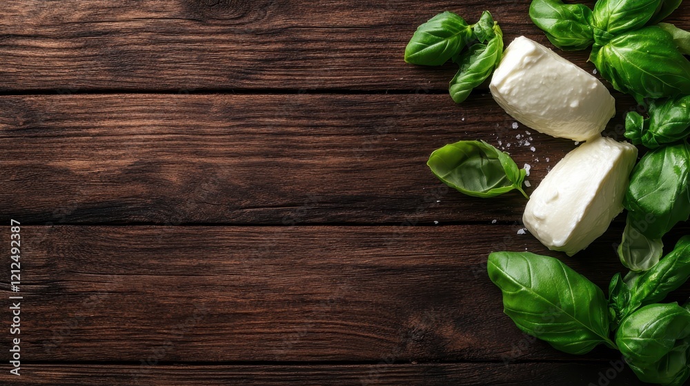 Creamy mozzarella cheese nestled beside fresh basil leaves, beautifully staged on a rustic wooden table and evoking a sense of Italian culinary heritage. Creamy mozzarella cheese nestled beside fresh basil leaves, beautifully staged on a rustic wooden table and evoking a sense of Italian culinary heritage.