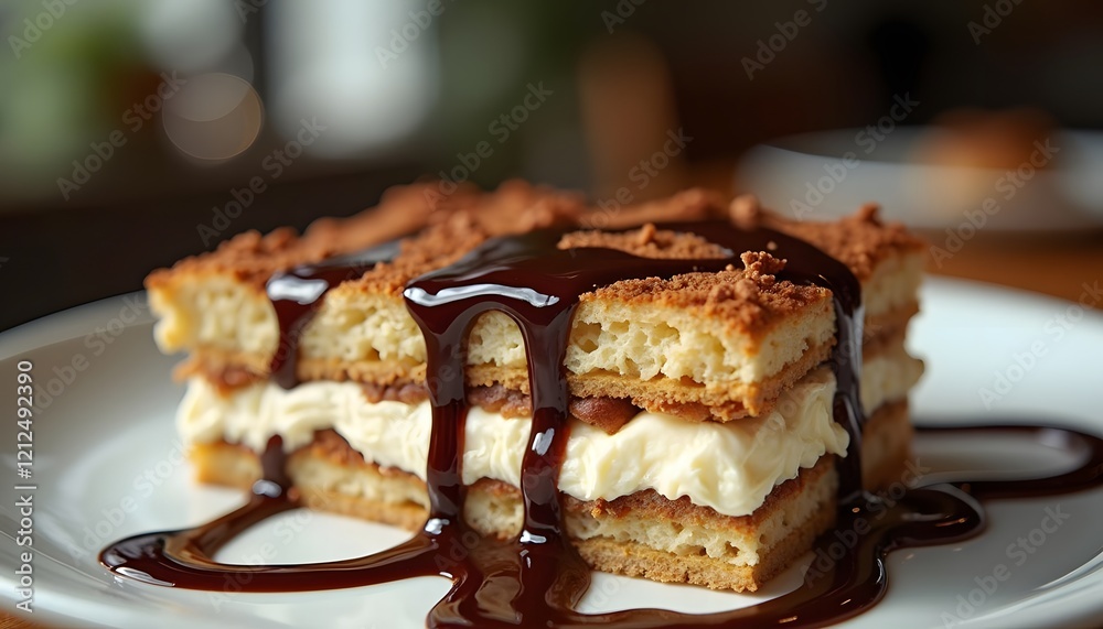 Delicious Tiramisu Dessert with Chocolate Drizzle on a White Plate on Wood Table Delicious Tiramisu Dessert with Chocolate Drizzle on a White Plate on Wood Table