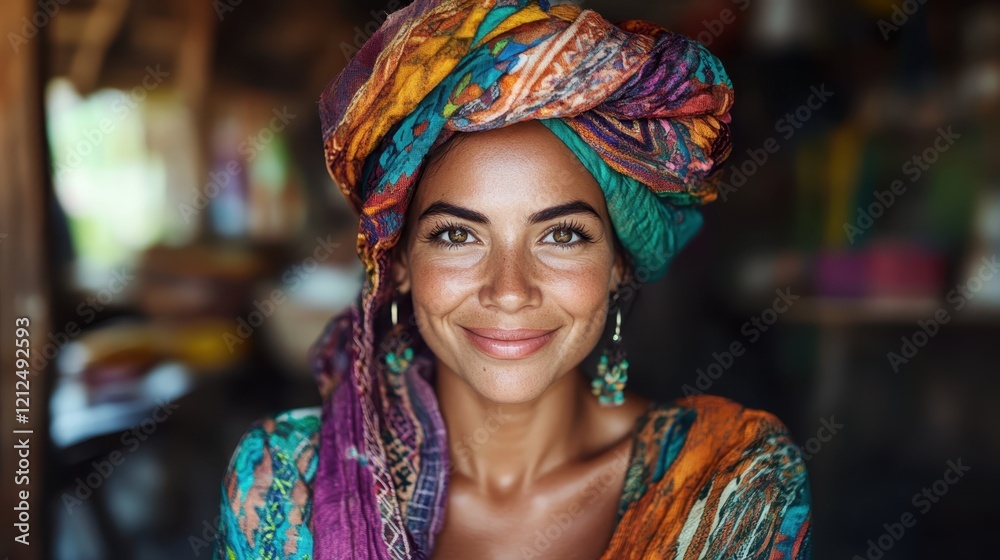 Fototapeta premium A radiant portrait of a woman adorned in a vibrant headscarf, showcasing cultural beauty and confidence with a warm smile against a lively background.