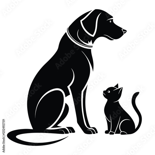 Silhouette of a protective dog and attentive cat. Perfect for animal care or pet adoption themes.