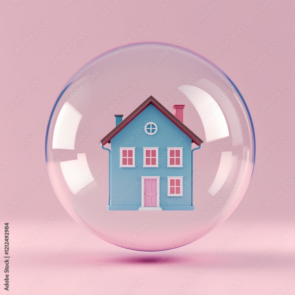 A surreal stock photo of a blue house inside a bubble, set against a pastel pink background with ample copyspace. Perfect for property bubble concepts, real estate themes, and creative marketing. A surreal stock photo of a blue house inside a bubble, set against a pastel pink background with ample copyspace. Perfect for property bubble concepts, real estate themes, and creative marketing.
